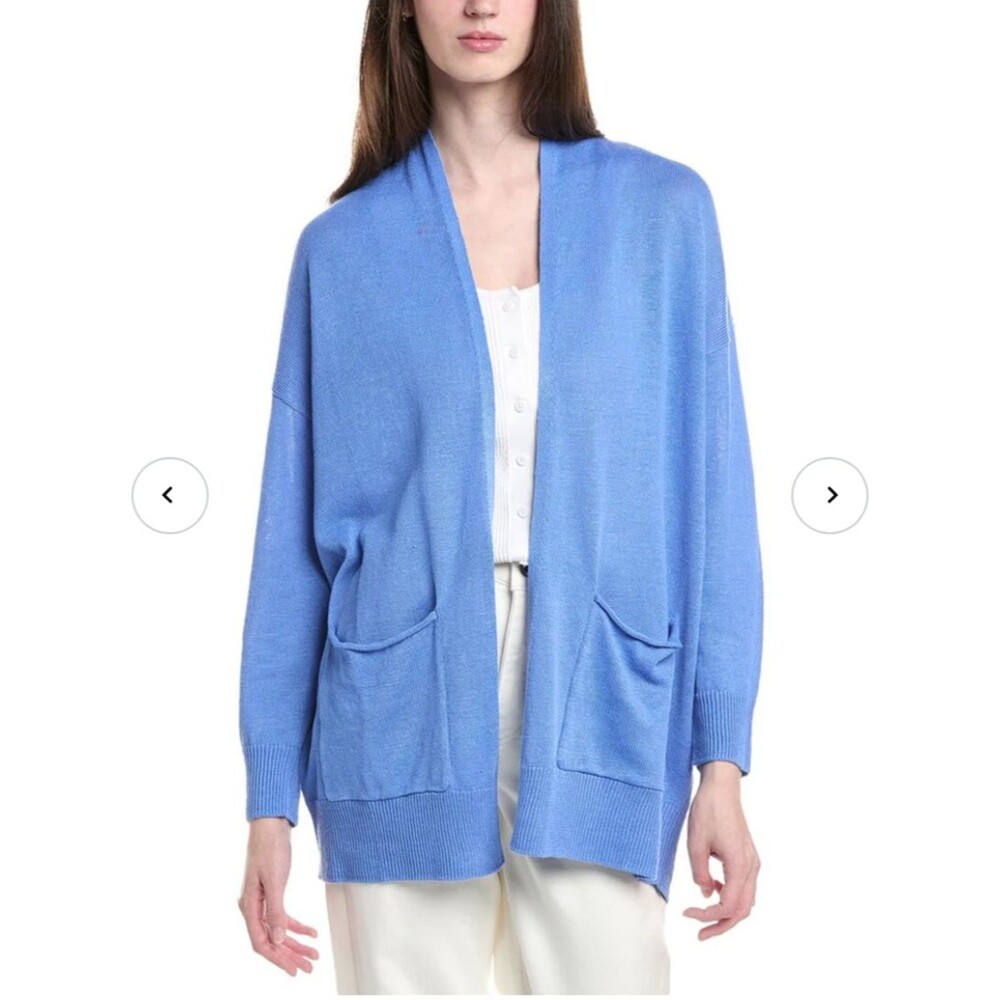 Eileen Fisher Cardigan Blue Tencel Merino Wool Open Front High Low Hem Women S/P